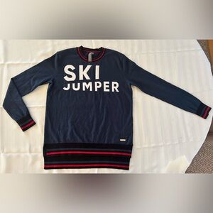 Sweaty Betty Blue Crewneck Sweater with Red and Black Trim